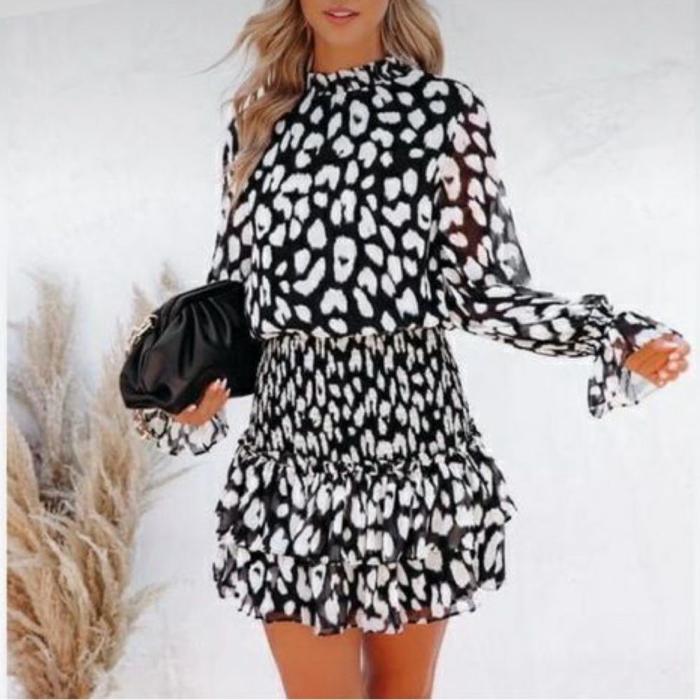TCEC Dress High Neck Smocked Leopard Animal Print Long Sleeve Ruffle Size S